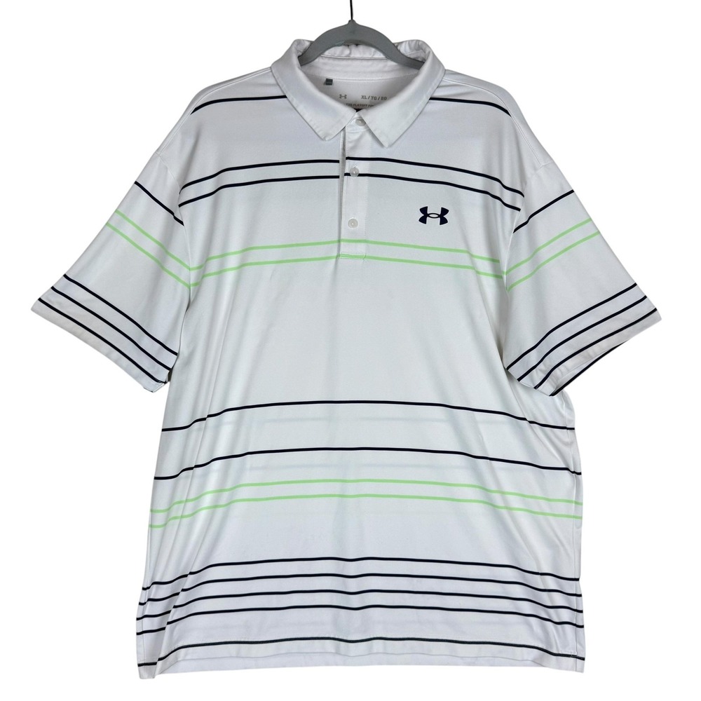 Under Armour Polo Shirt Mens XL White Stripe Playoff HeatGear Golf Stretch